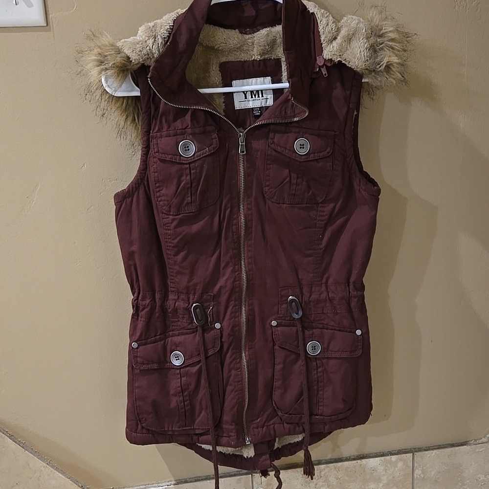 YMI Burgundy Faux Fur Hooded Vest